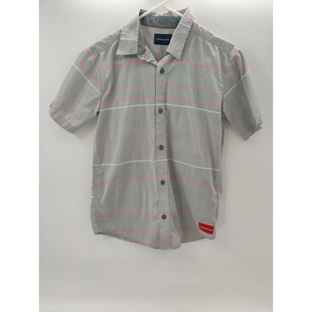 Calvin Klein Jeans Boys Large 14/16 Grey Pink Striped Short Sleeve Button Down